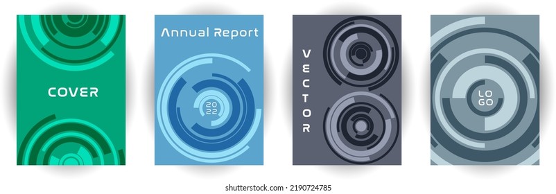 Der Jahresbericht deckt die Vektorgrafik des Seitenlayouts ab. Unternehmensziel-Konzept. Konzentrische rotierende Hintergründe. Katalog-Set. Corporate Cover Page Templates, digitale Dokumente.