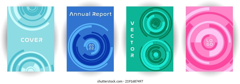 Annual report cover page layout vector collection. Business aim concept. Concentric shape rotation backgrounds. Banner set. Corporate cover page templates, digital documents.