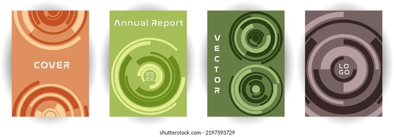 Recopilación de vectores de disposición de página de portada del informe anual. Concepto de propósito. Fondo de forma concéntrica giratorio. Juego de folletos. Plantillas de portada corporativa de diferentes colores.