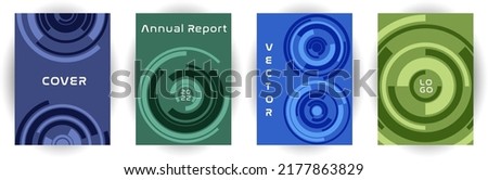 Annual report cover page layout vector collection. Business goal concept. Concentric rotating shape backgrounds. Booklet set. Corporate cover page templates, digital documents.