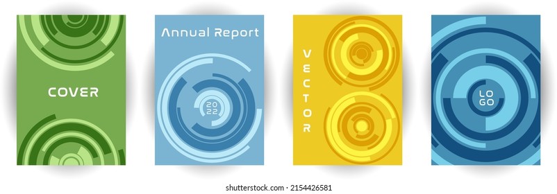 Annual report cover page mockup vector collection. Purpose concept. Concentric shape rotation backgrounds. Banner set. Engineering cover page templates in different colors.