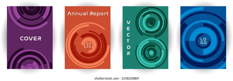 Annual report cover page mockup vector collection. Business goal concept. Revolving concentric shape backgrounds. Booklet set. Modern cover page templates, geometric design.