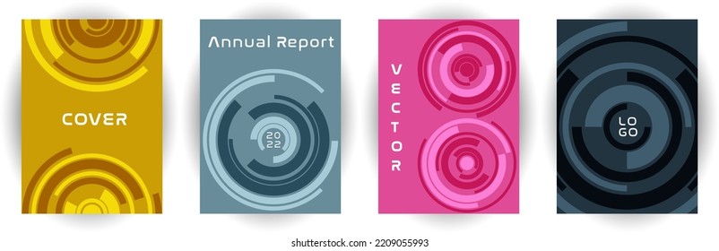 Annual report cover page mockup vector collection. Business goal concept. Revolving concentric shape backgrounds. Booklet set. Modern cover page templates, geometric design.