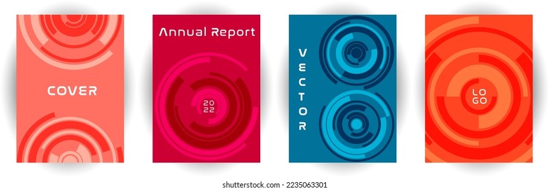 Annual report cover page mockup vector collection. Purpose concept. Circle shape spin backgrounds. Booklet set. Modern cover page templates, geometric design.