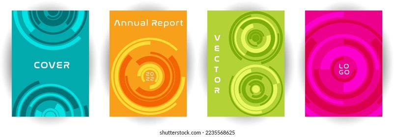 Annual report cover page mockup vector collection. Business aim concept. Concentric shape rotation backgrounds. Booklet set. Modern cover page templates, geometric design.