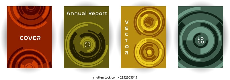 Annual report cover page template vector collection. Purpose concept. Concentric rotating shape backgrounds. Brochure set. Engineering cover page templates in different colors.
