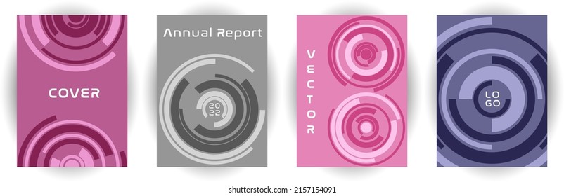 Annual report cover page template vector collection. Business aim concept. Concentric rotating shape backgrounds. Booklet set. Corporate cover page templates, digital documents.