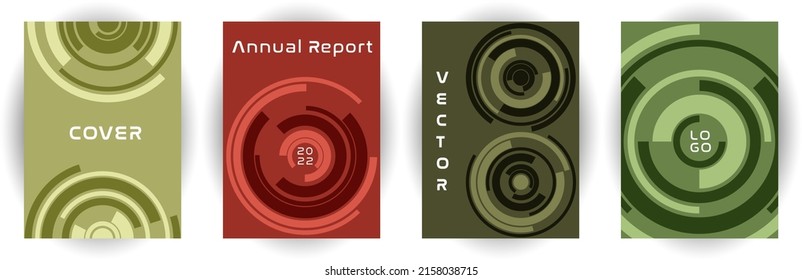 Annual report cover page template vector collection. Business aim concept. Concentric rotating shape backgrounds. Booklet set. Engineering cover page templates in different colors.