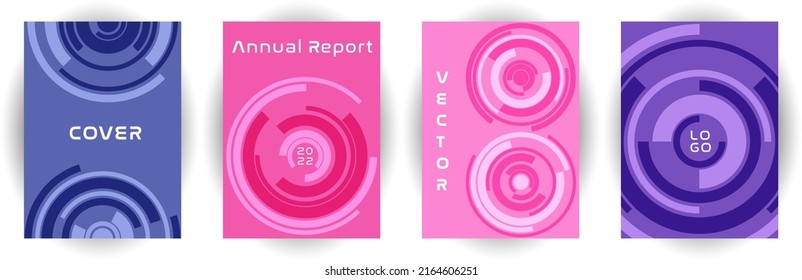 Annual report cover page template vector collection. Business goal concept. Concentric shape twirl backgrounds. Catalog set. Engineering cover page templates in different colors.