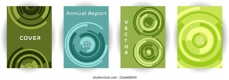 Annual report cover page template vector collection. Business aim concept. Circle shape spin backgrounds. Catalog set. Modern cover page templates, geometric design.
