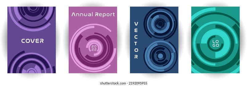 Annual report cover page template vector collection. Business aim concept. Revolving concentric shape backgrounds. Brochure set. Corporate cover page templates in different colors.