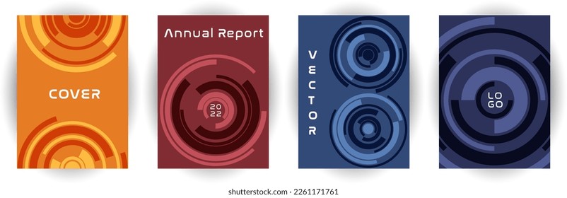 Annual report cover page template vector collection. Business aim concept. Revolving concentric shape backgrounds. Banner set. Modern cover page templates, geometric design.