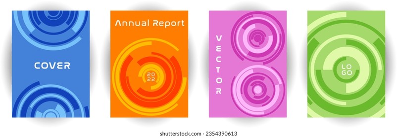 Annual report cover page template vector collection. Purpose concept. Concentric shape twirl backgrounds. Brochure set. Corporate cover page templates in different colors.