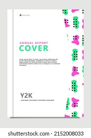 Annual report cover template with green and pink messy fluid shapes and black dots decoration. Suitable for company, corporation, institution, education, government, and organization. 