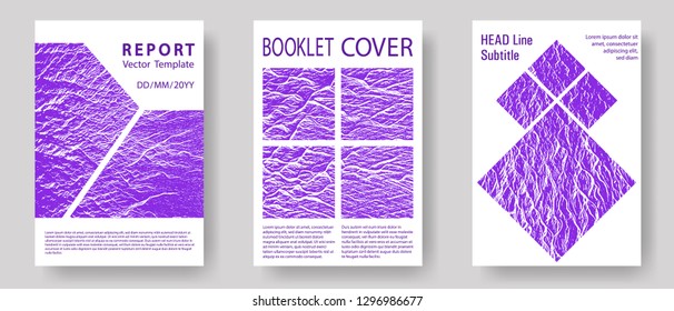 Annual report covers design set. Proton purple color waves textures. Buoyant wavy flux background pattern. Corporate finance book cover. Vector templates for corporate annual report.