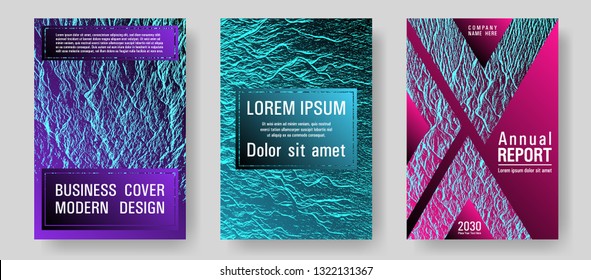 Annual report covers design set. Pink blue purple synthwave textures. Vector templates for corporate annual report. Minimal cover page concepts. Buoyant wavy flux background pattern.