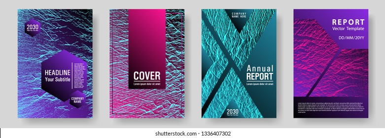 Annual report covers design set. Pink blue purple synthwave textures. Vector templates for corporate annual report. Company strategy book covers. Buoyant wavy flux background pattern.