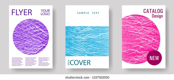 Annual report covers design set. Teal pink purple waves texture backdrops. Buoyant wavy flux background pattern. Vector templates for corporate annual report. Flat geometric cover leaflets.