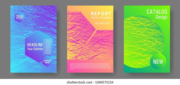 Annual report covers design set. Pink blue green rainbow waves textures. Vector templates for corporate annual report. Buoyant wavy flux background pattern. Geometric creative solutions.