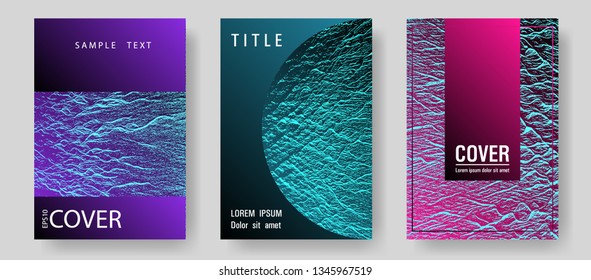 Annual report covers design set. Pink blue purple synthwave textures. Creative publication cover pages. Buzzing flux ripple movement background. Vector templates for corporate annual report.