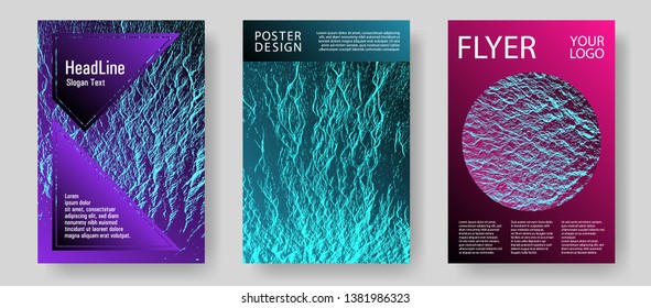 Annual report covers design set. Pink blue purple synthwave textures. Presentation slides cover pages. Vector templates for corporate annual report. Liquid rippling motion background pattern.