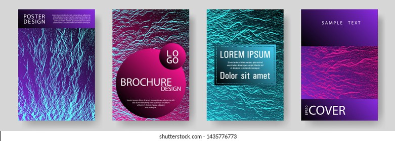 Annual report covers design set. Pink blue purple synthwave textures. Vector templates for corporate annual report. Buoyant wavy flux background pattern. Research development plan covers.