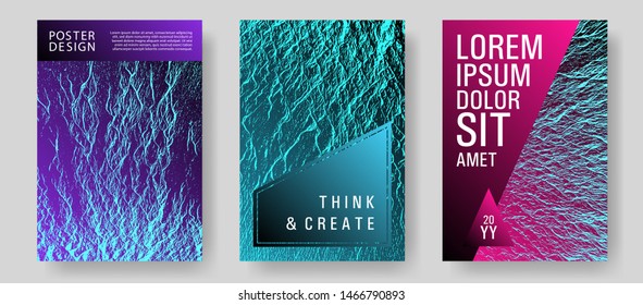 Annual report covers design set. Pink blue purple synthwave textures. Buzzing rippling motion background texture. Vector templates for corporate annual report. Covers with headline sample text.