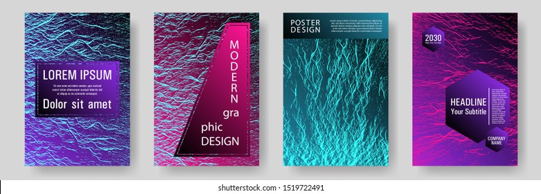 Annual report covers design set. Pink blue purple synthwave textures. Buoyant wavy flux background pattern. Vector templates for corporate annual report. Geometric creative solutions.