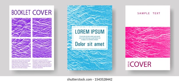 Annual report covers design set. Teal pink purple waves texture backdrops. Vector templates for corporate annual report. Buzzing rippling motion background texture. Geometric typography cover.