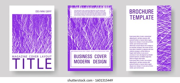 Annual report covers design set. Proton purple color waves textures. Liquid rippling motion background pattern. Flat geometric cover leaflets. Vector templates for corporate annual report.