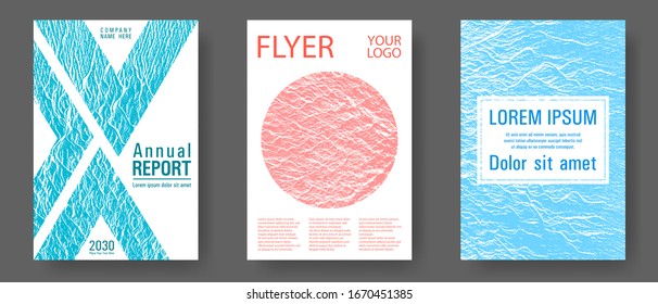 Der Jahresbericht deckt die Gestaltung des Entwurfs ab. Blau, Teal und Korallenfarben Wellen Textur. Geometrische kreative Lösungen. Buzzing Flussripple Bewegung Hintergrund. Vektorillustration-Vorlagen für Geschäftsberichte von Unternehmen.