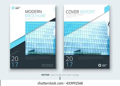 Annual report design. Corporate business template for brochure report, catalog, magazine. Layout with blue modern elements and urban style photo. Creative poster, booklet, flyer or banner concept