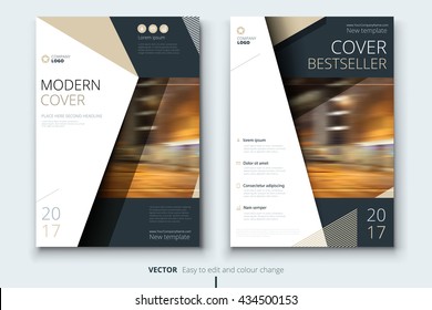 Annual Report design. Corporate business template for brochure, catalog, magazine. Layout with biege branding elements and urban style photo. Creative poster, booklet, leaflet, flyer or banner concept