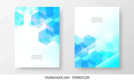 Annual report design template. Blue hexagon, abstract background.