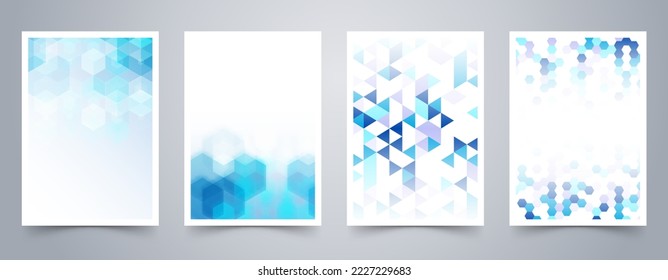 Annual report design template. Blue hexagon, triangle. Abstract geometric background.
