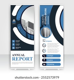 Annual report display showcasing creative studio work and strategic planning concepts for a professional presentation event