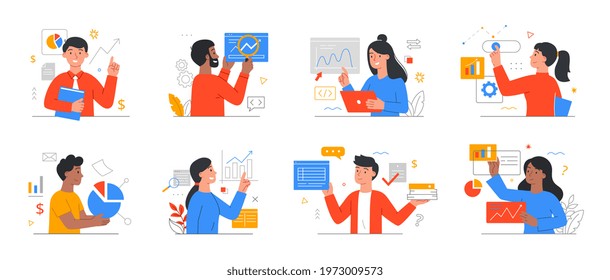 Annual report, financial analysis, marketing, leaflet, advertising, flyer. Set of modern style flat cartoon vector illustrations