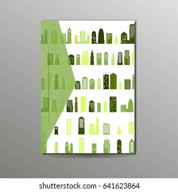 Annual Report, Flyer, Brochure, Cover Template. Buildings In A City In Modern Green Color Combinations. 