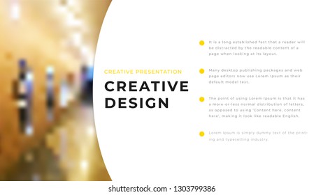 Annual report flyer leaflet banner design for business corporate presentation with yellow & gray colors. Power Point presentation design photo left side with caption & text on a white background. ppt