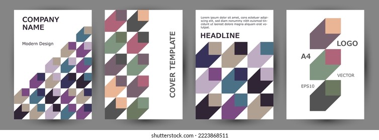 Annual report front page layout collection A4 design. Memphis style colorful banner layout collection vector. Mosaic geometric shapes background vertical cover design