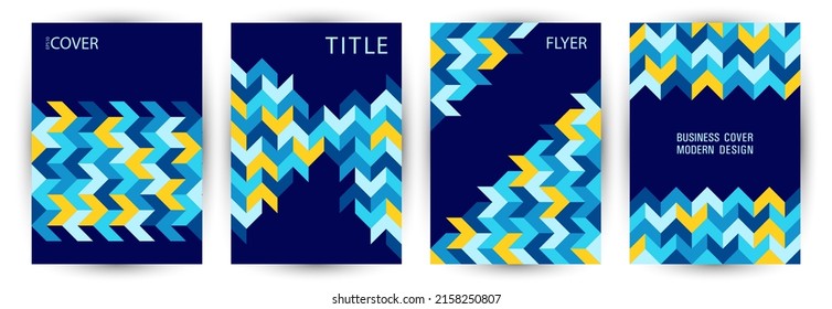 Annual report front page mokup set graphic design. Bauhaus style retro voucher mockup set vector. Mosaic geometric elements background vertical cover design