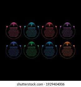 Annual report, internet, infographic template on dark background. eight steps infographic template. business information template