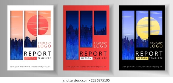 Conjunto de plantillas de portada del vector de diseño de informe anual. Fondo de ilustración forestal con puesta de sol, luna llena y abetos. Diseños de portada de vectores rojos, negros y blancos, plantillas de folletos de informes.