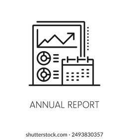 Icono de línea de informe anual para análisis financiero en finanzas y negocios, símbolo de Vector. Icono de informe financiero anual para los ingresos de la compañía, beneficios, impuestos y gastos presupuestarios de la empresa para la auditoría contable