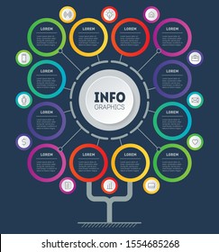 Annual report is segmented into 12 months. Tree or diagram. Infographic of technology or education process. Brochure design template. Business presentation concept with 12 options, steps.