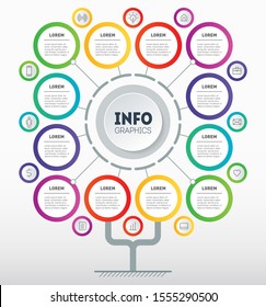 Annual report is segmented into 12 months. Tree or Infographic of technology or education process. Brochure design template. Business presentation concept with Twelve options, steps.