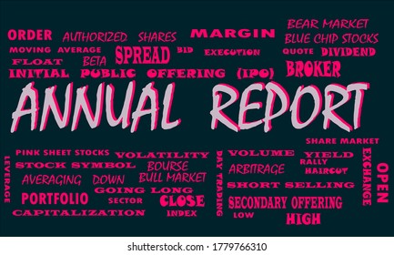 Annual report Share market related text cloud presented on colorful vector abstract for magazine prints.
