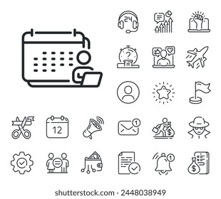 Annual report sign. Salaryman, gender equality and alert bell outline icons. Accounting calendar line icon. Event planner symbol. Accounting line sign. Spy or profile placeholder icon. Vector