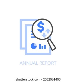 Annual report symbol with a document with charts and a magnifier. Easy to use for your website or presentation.