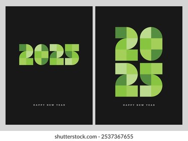 Annual Report template for 2025 features a layout with elegant typography, a logo, geometric shapes, and a flat design background. Celebrate New Year 2025 with a stylish poster in clean pink and green